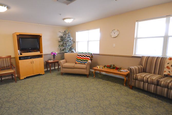 A cozy living room with a sofa, television, and decorative elements.