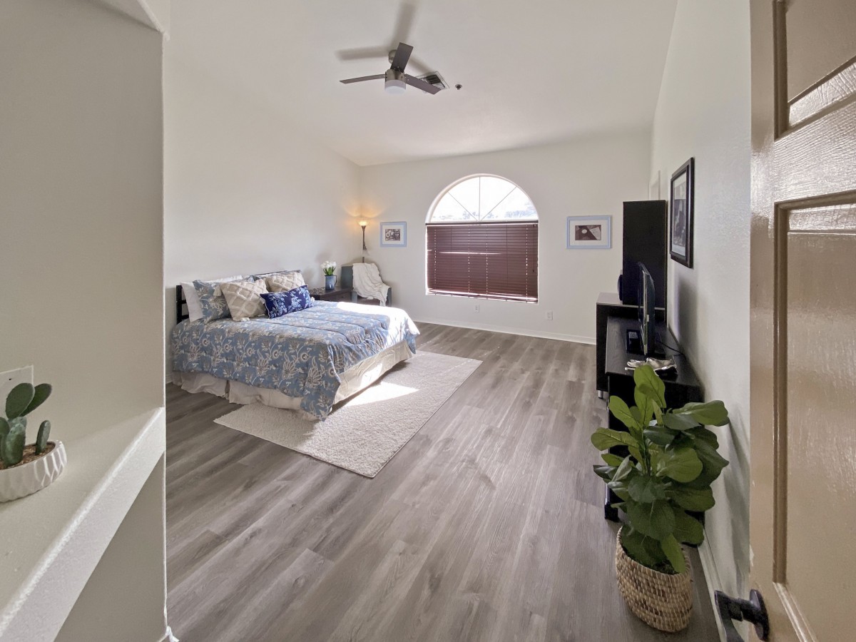 A spacious and modern bedroom with a minimalist design, featuring hardwood floors, a large bed with decorative pillows, and ample natural light from an arched window.