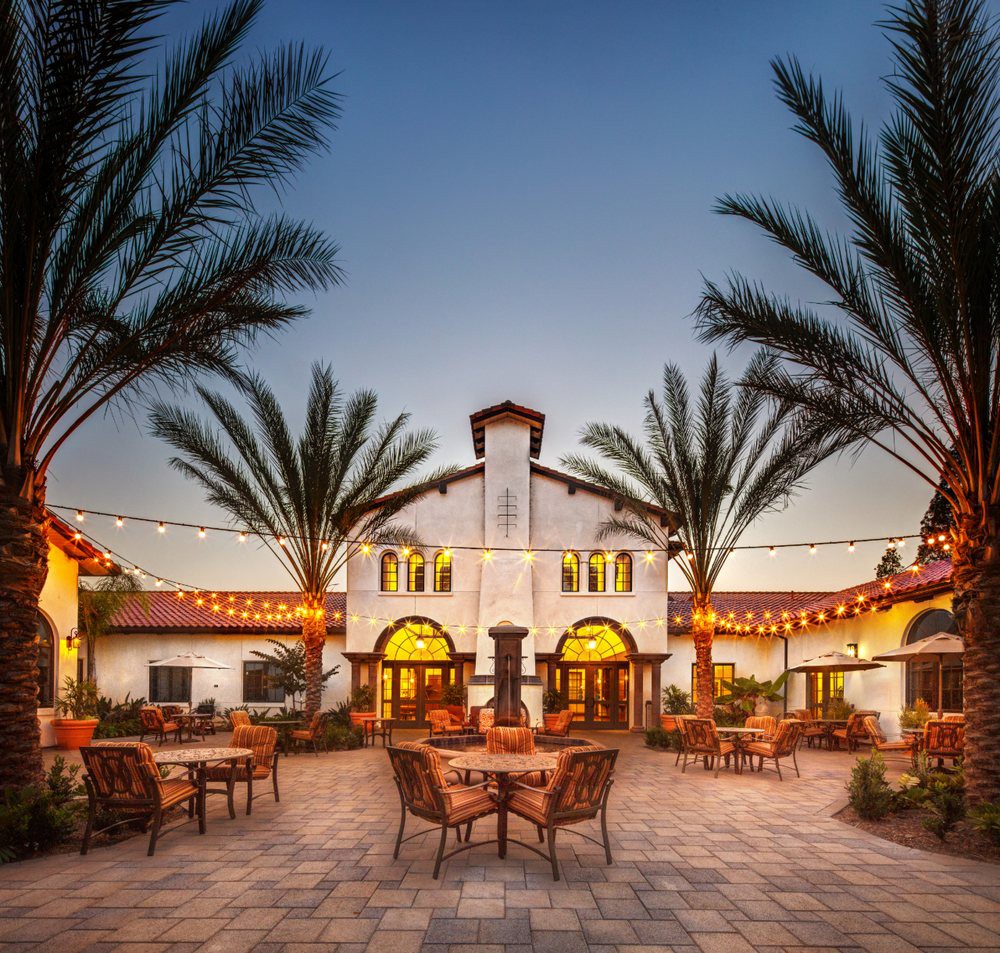 A beautifully lit outdoor dining area featuring palm trees and string lights at dusk.