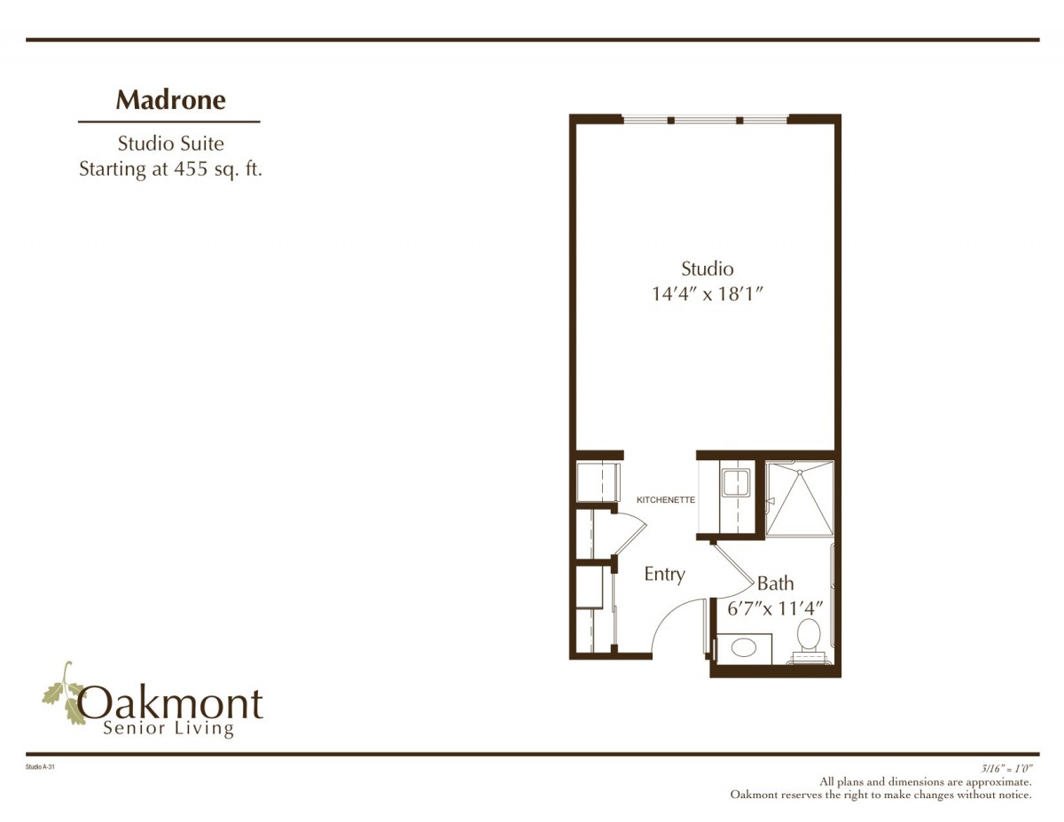 Studio apartment floor plan with detailed layout.