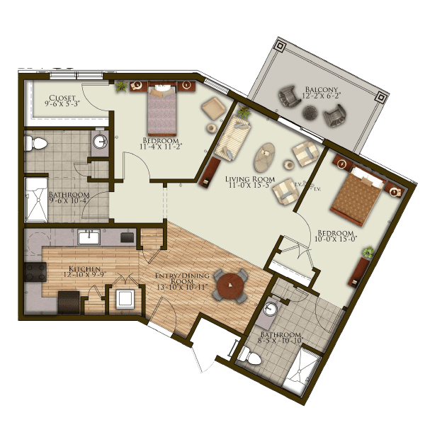 An apartment floor plan featuring two bedrooms, a living area, kitchen, and balcony.