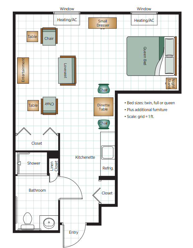 This is a floor plan of an apartment featuring a living room, kitchen, bedroom, and bathroom.