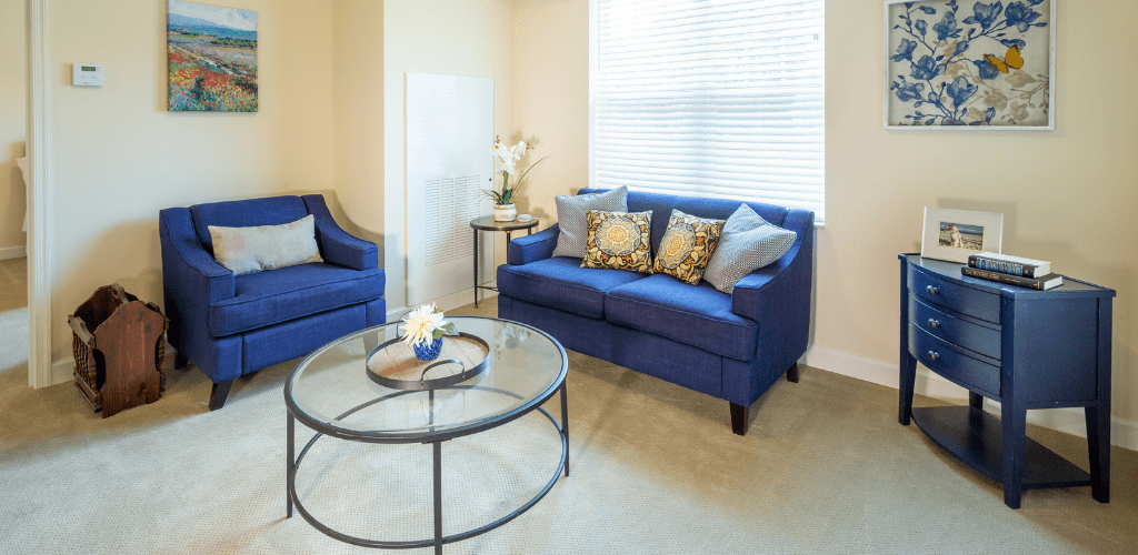 A cozy living room with blue sofas, a glass coffee table, and decorative pillows.