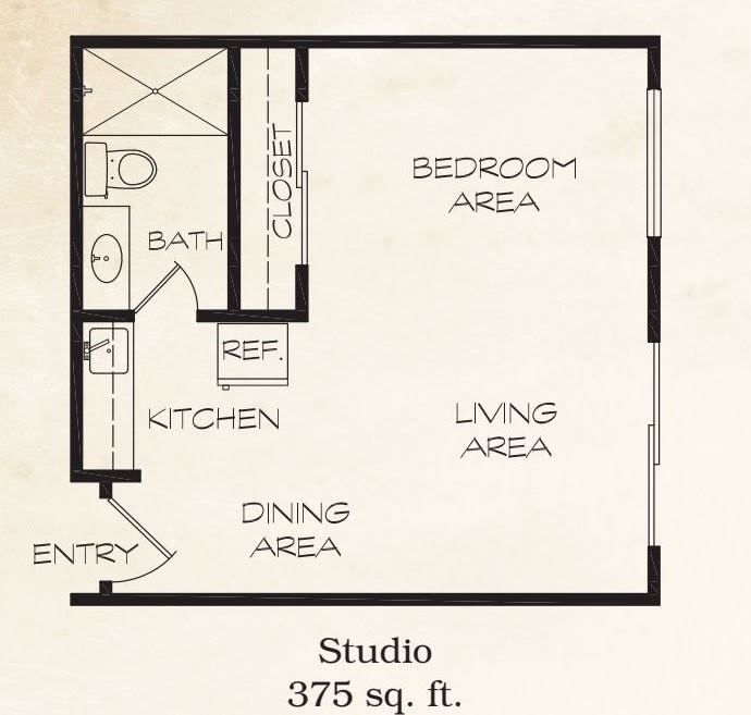 Floor plan of a 375 sq ft studio apartment.