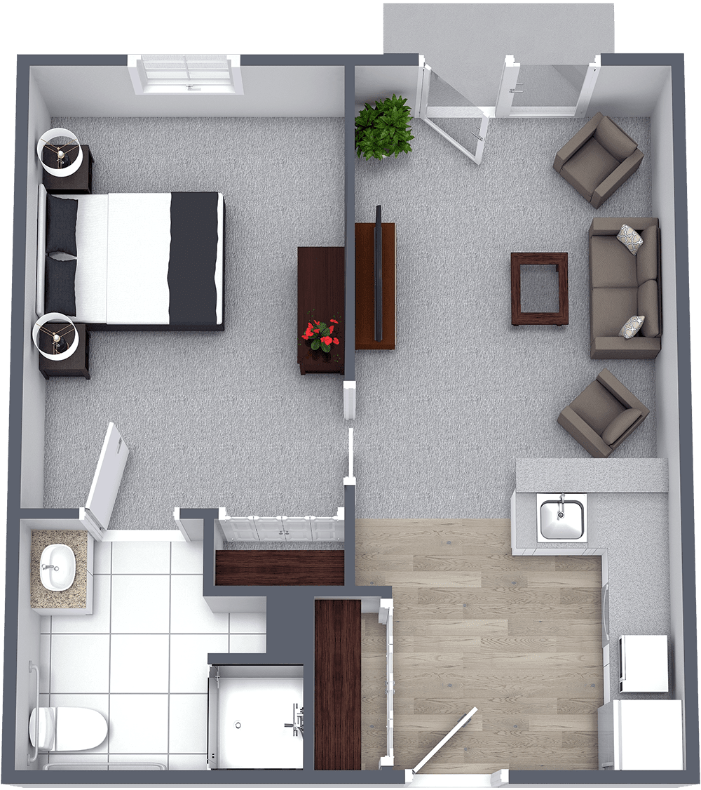 A one-bedroom apartment floor plan with a living room, kitchen, and bathroom.