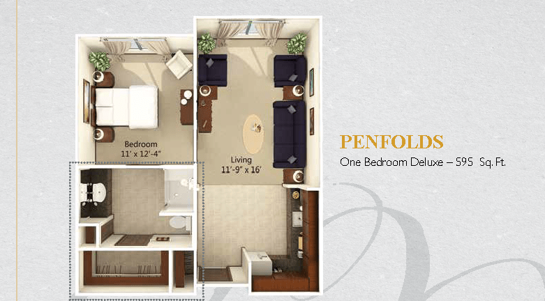 Floor plan of a one-bedroom deluxe apartment, showcasing a living room, bedroom, and kitchen layout.