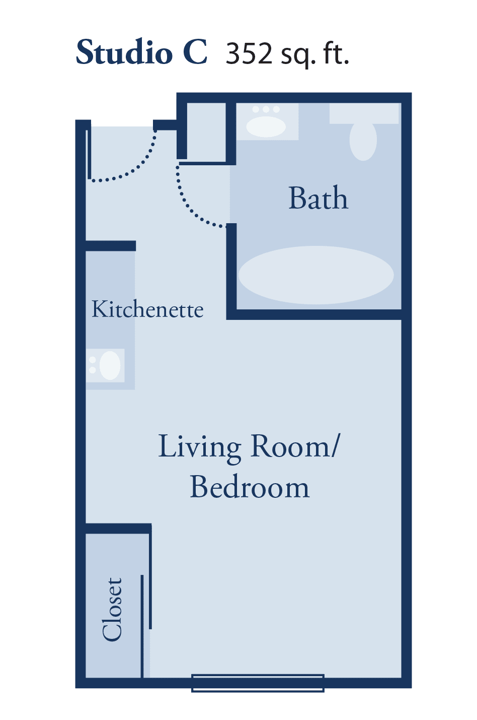 A floor plan of a compact studio apartment featuring a living room/bedroom, kitchenette, and bath.