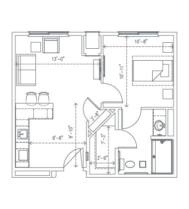 A detailed floor plan of a small apartment showing dimensions and room layout.