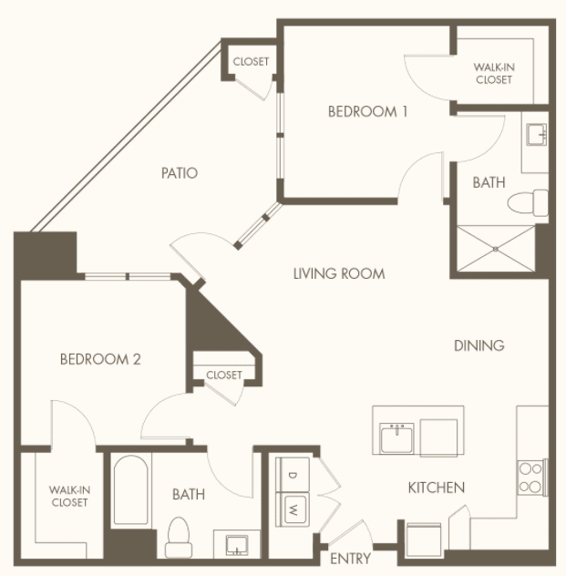 A detailed floor plan of a two-bedroom apartment featuring a kitchen, living room, dining area, and two bathrooms.
