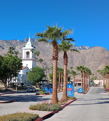 A picturesque scene featuring a church framed by palm trees and mountains under a clear blue sky.