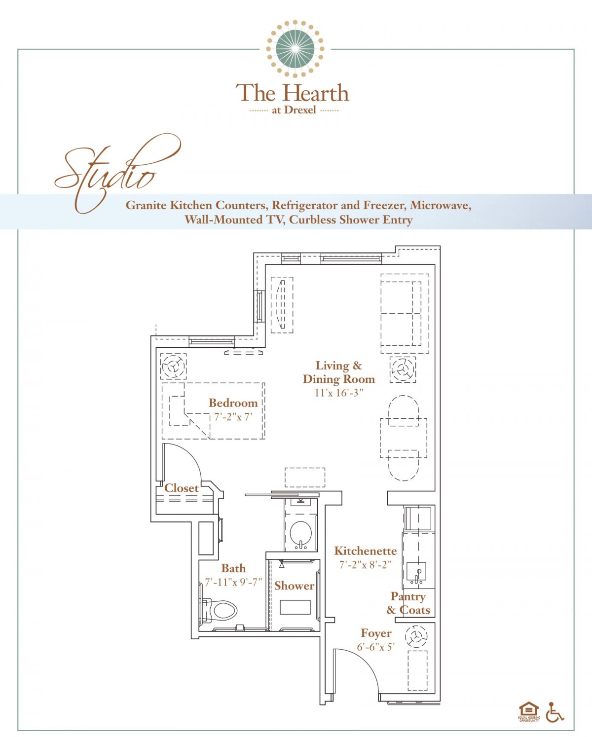 This image shows a detailed floor plan of an apartment, including the layout of the living and dining area, kitchen, bedroom, and bathroom.