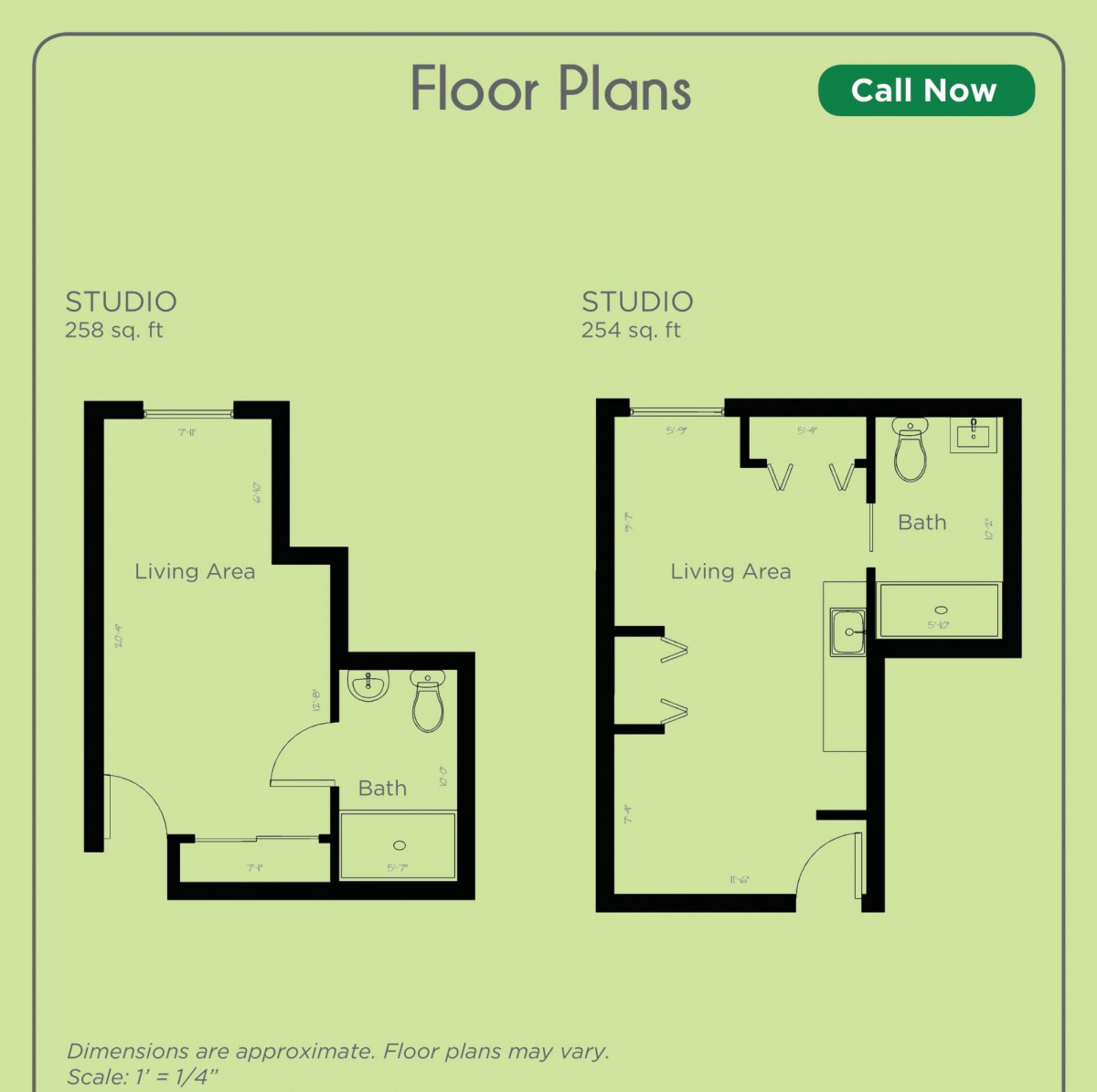Floor plans for a studio and one-bedroom apartment.