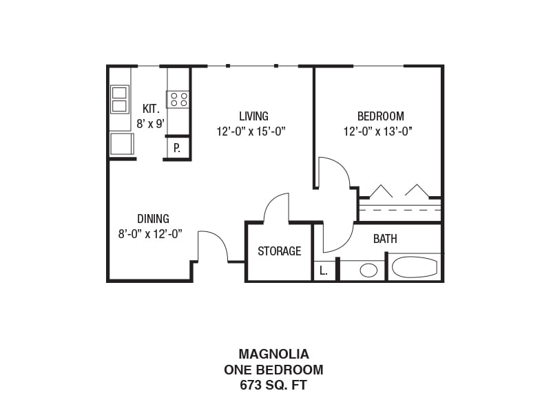Floor plan of a one-bedroom apartment measuring 673 square feet.