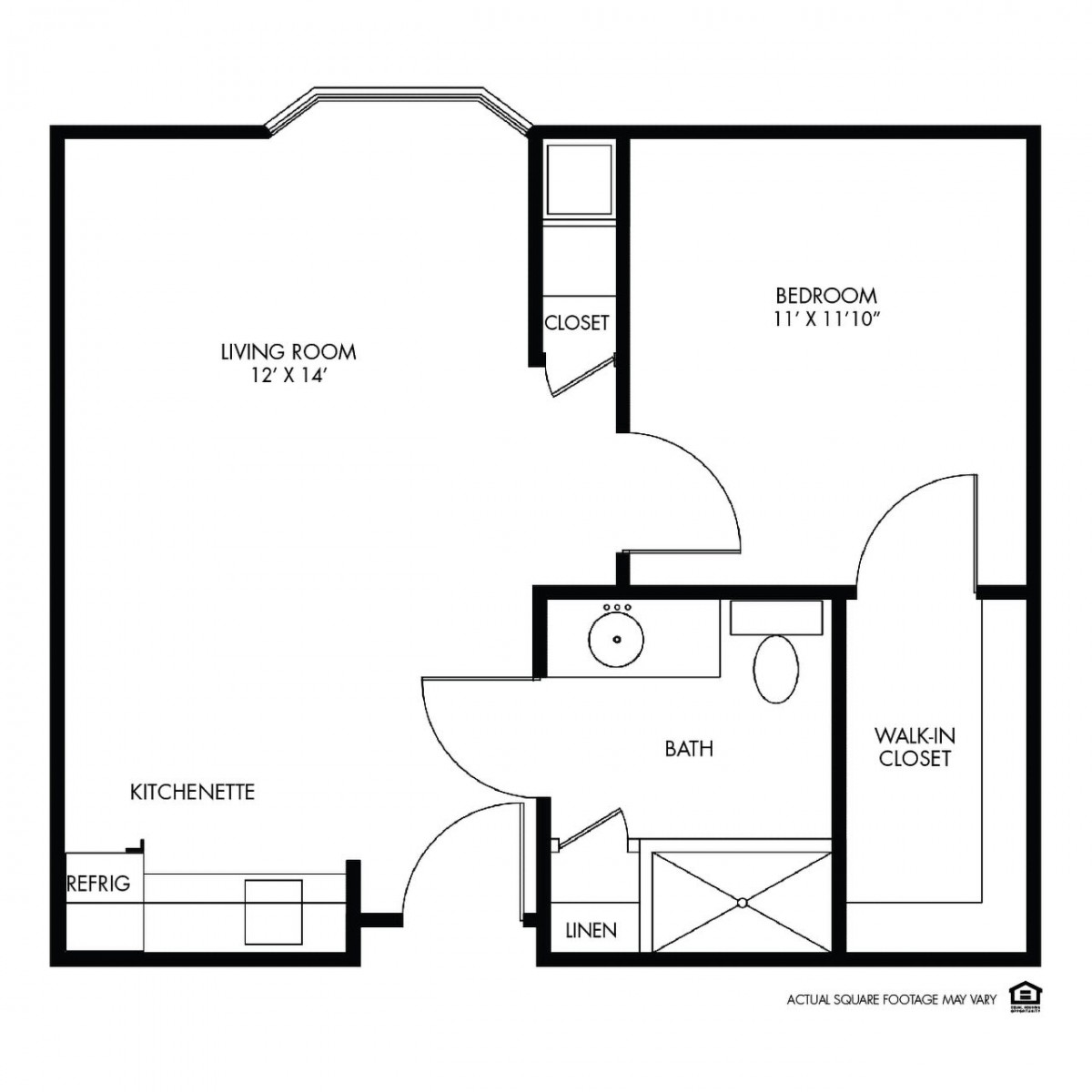 A one-bedroom apartment floor plan featuring a living room, kitchen, bathroom, and storage spaces.