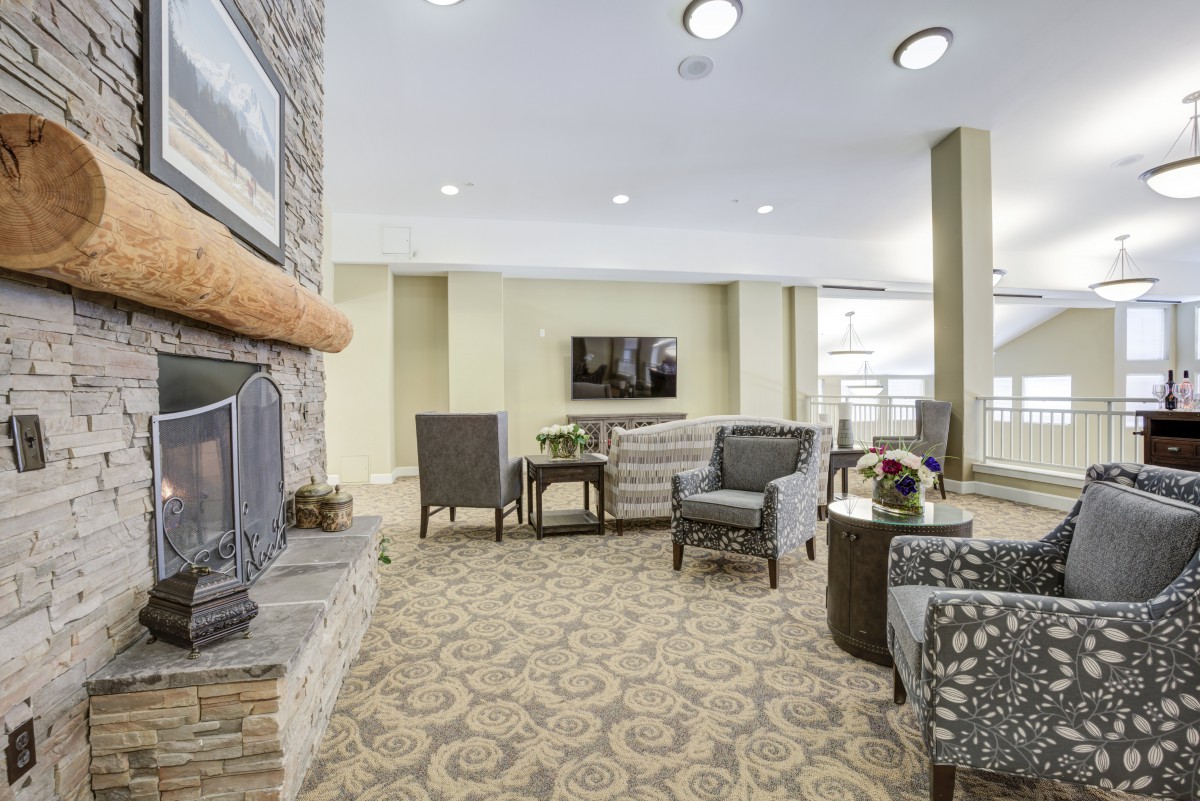A cozy living room with sofas and a fireplace, featuring modern decor.