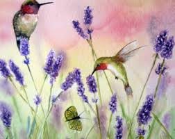 A watercolor painting of hummingbirds and a butterfly among lavender flowers.