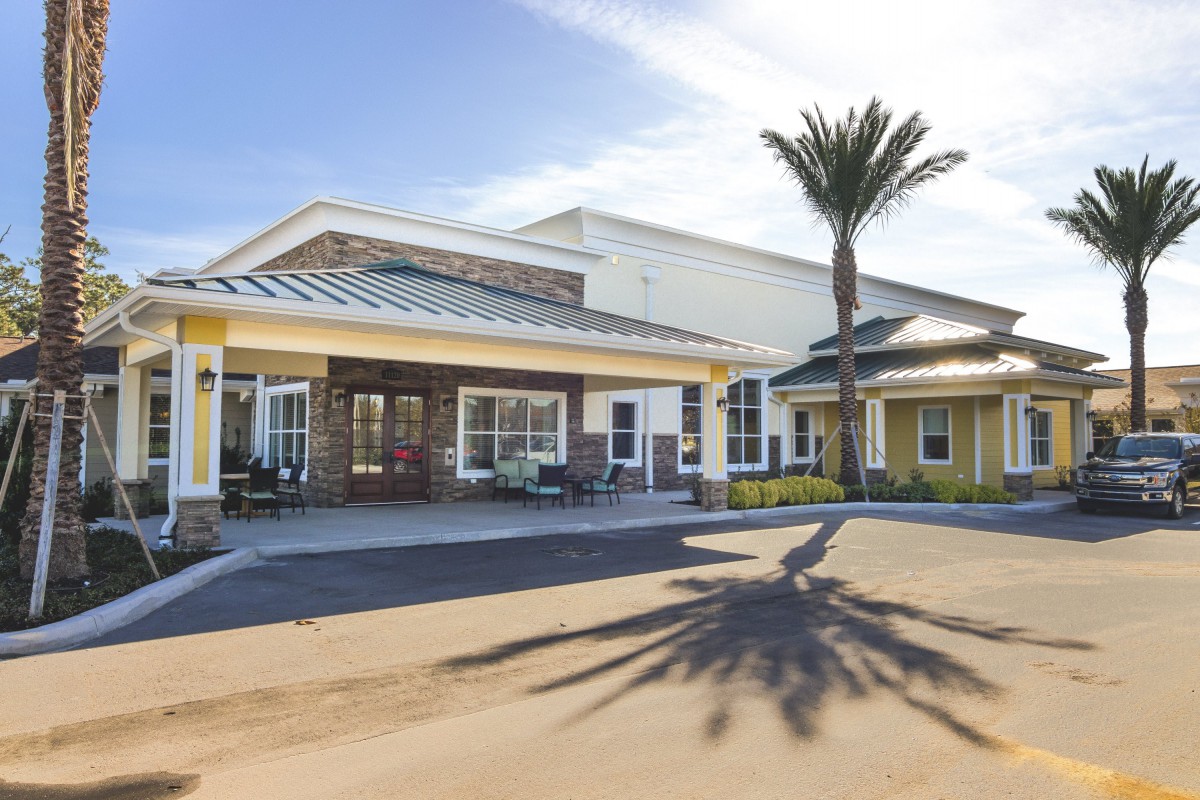 A sunny view of a building entrance with a palm tree casting a shadow.
