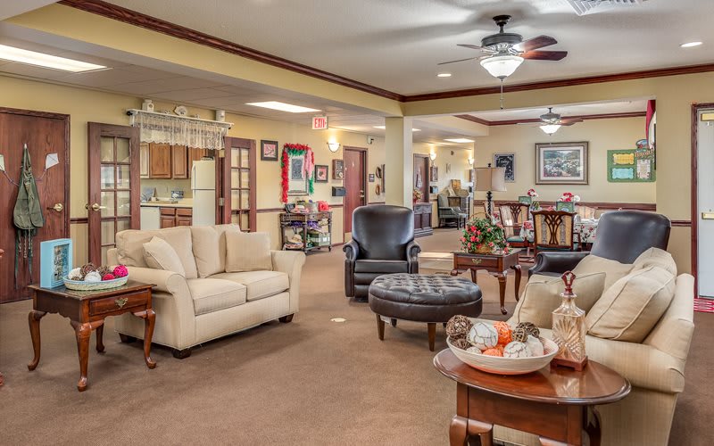 A spacious and elegantly designed living room featuring comfortable seating, a ceiling fan, and tasteful decor.