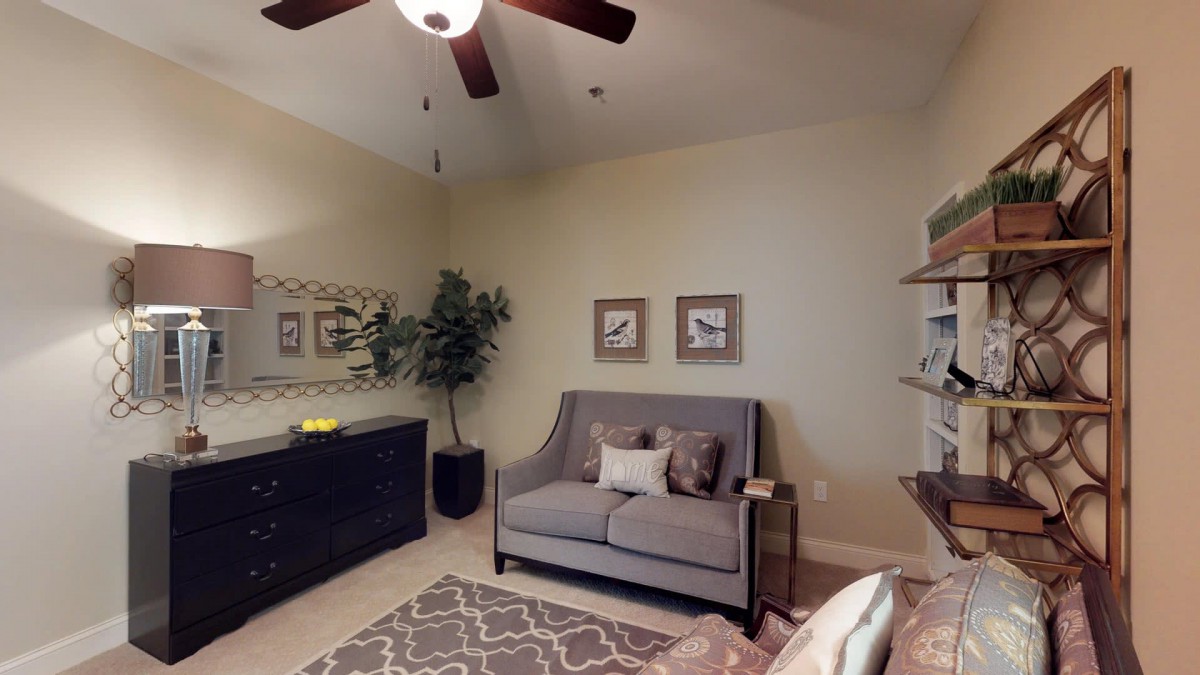 A cozy living room with a gray sofa, decorative mirror, and indoor plant.