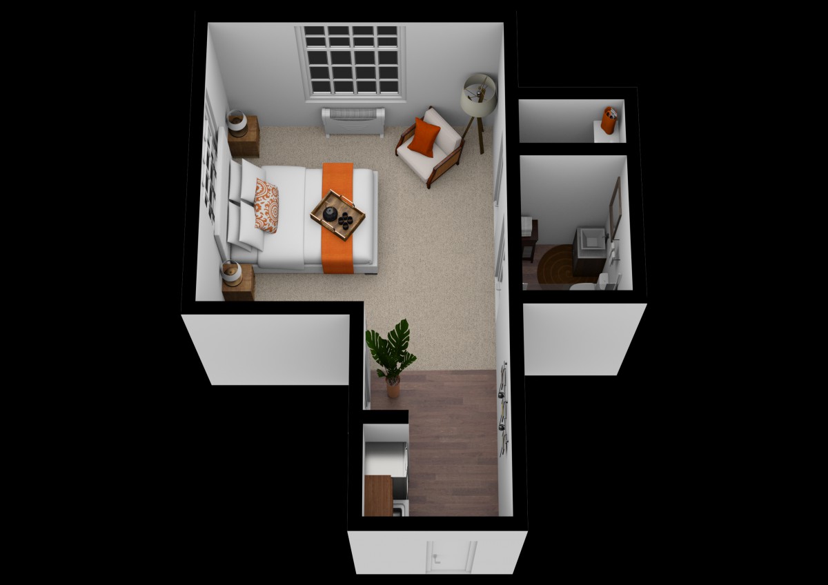 A 3D floor plan of a small apartment featuring a modern bedroom with an attached bathroom and living area.