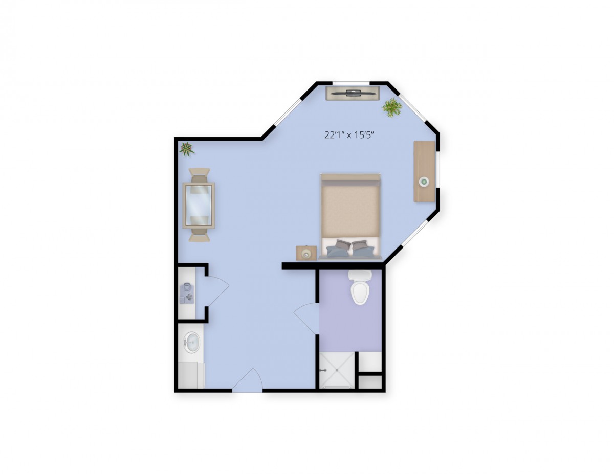 A compact floor plan of a one-bedroom apartment with a designated kitchen, bathroom, and living space.