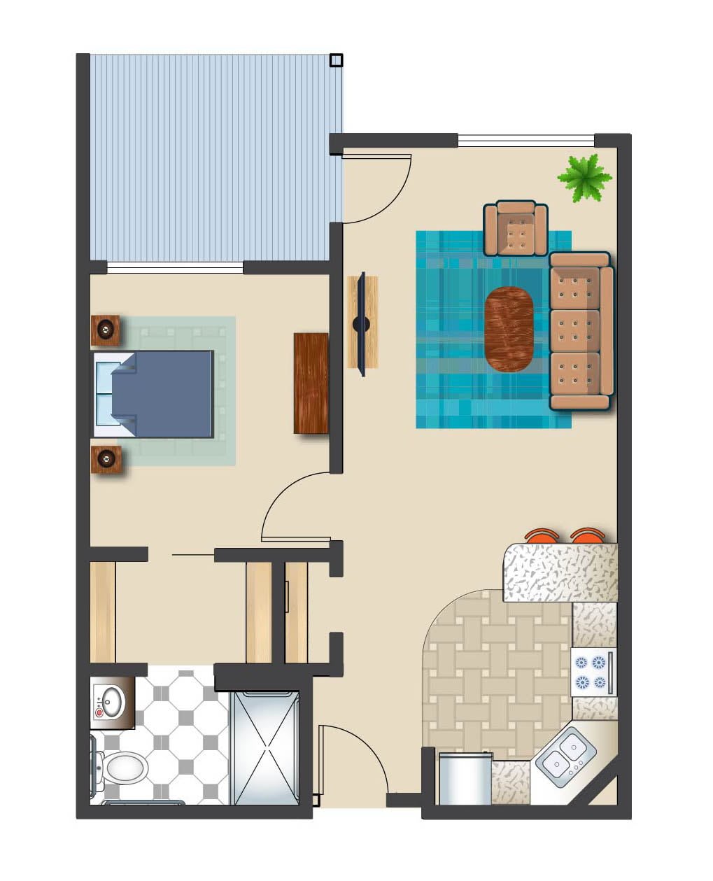An illustrated floor plan of a one-bedroom apartment showing the layout of a bedroom, living room, kitchen, and bathroom.