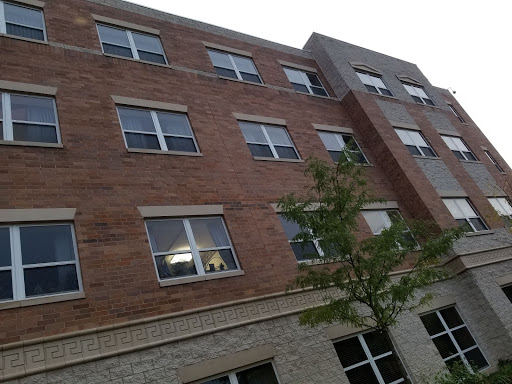 A residential building showcasing brick architecture and multiple windows, with a tree in the foreground.
