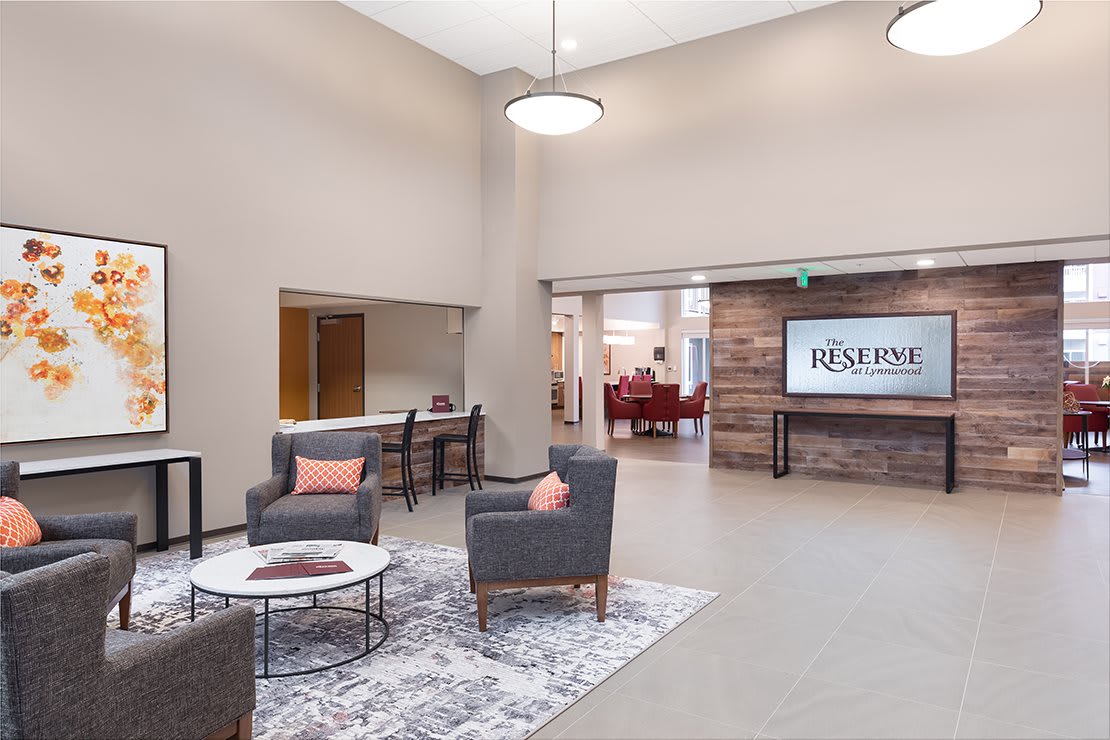 A modern lobby with comfortable seating and stylish decor.