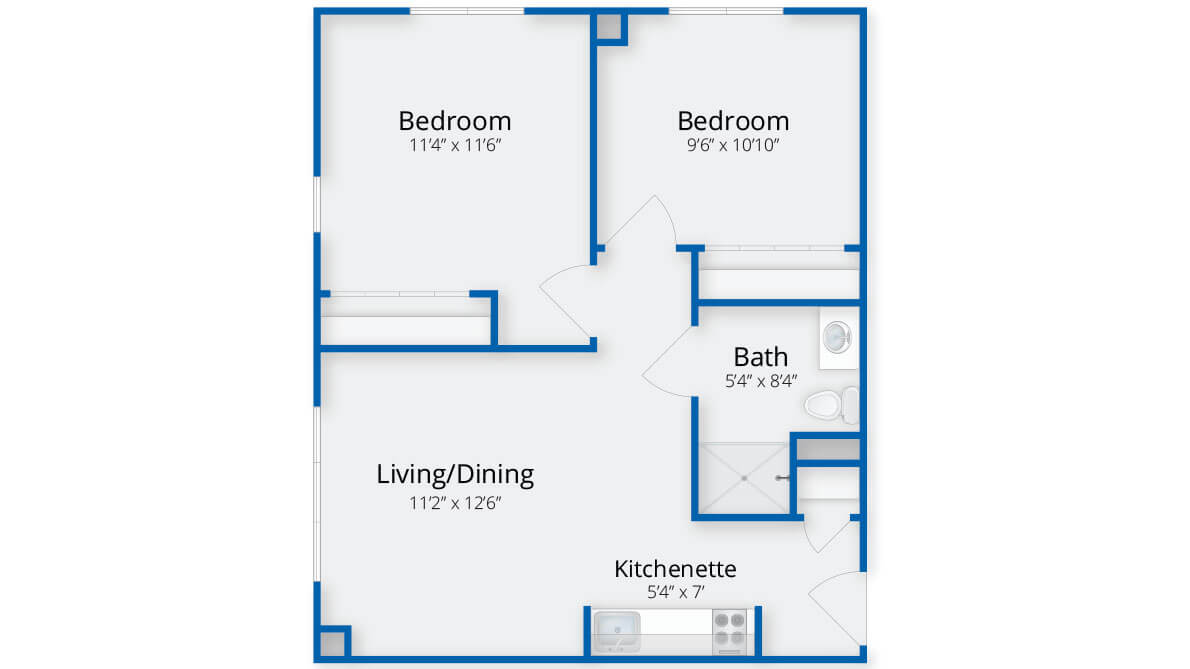 A two-bedroom apartment floor plan with a living/dining area, kitchenette, and bathroom.