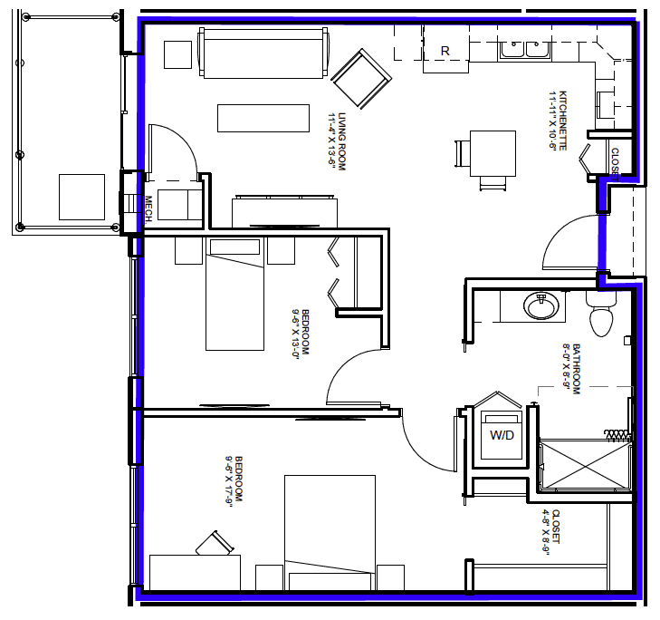 A detailed floor plan of an apartment, showing the layout of rooms and furniture.