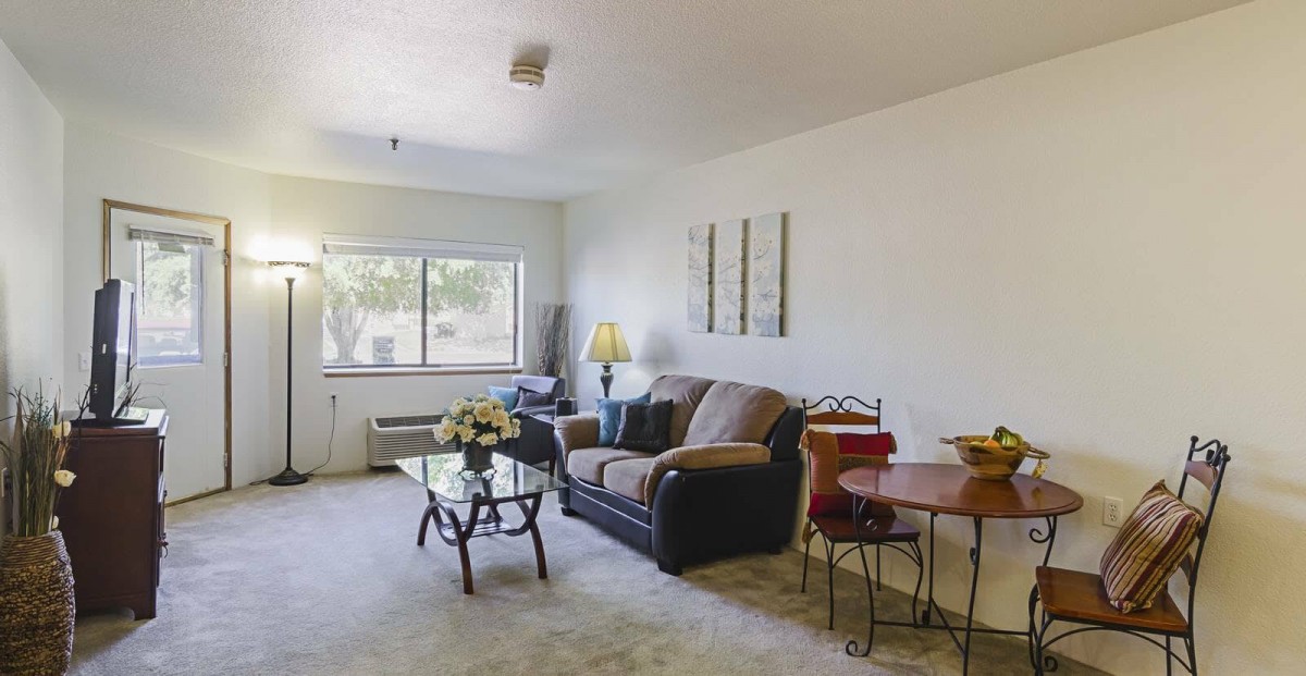 A cozy living room with a sofa, glass coffee table, and natural light coming through the window.
