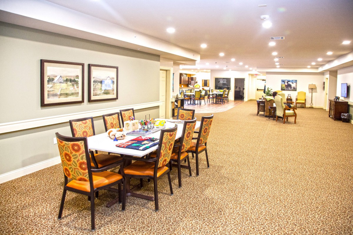 A spacious and well-lit dining area with a long table and chairs, adorned with elegant decor.