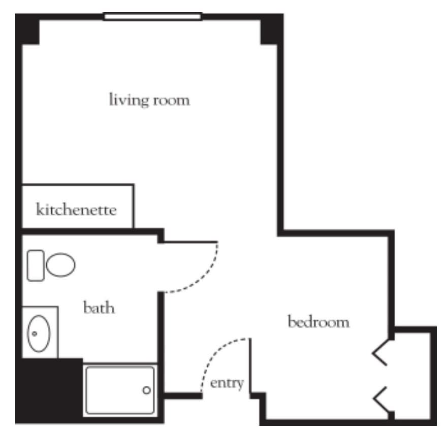 A floor plan of a one-bedroom apartment featuring a living room, kitchen, and bathroom.