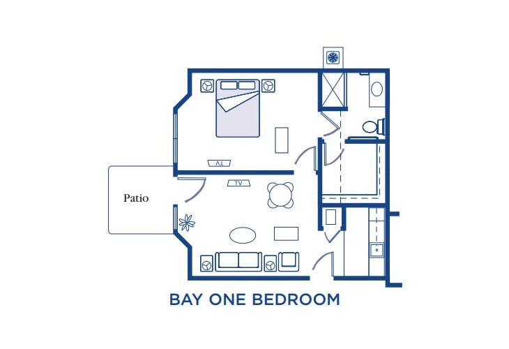 One-bedroom apartment floor plan with patio.