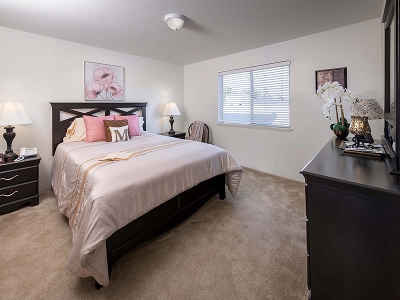 A well-arranged bedroom with a large bed, bedside lamp, and decorative elements.