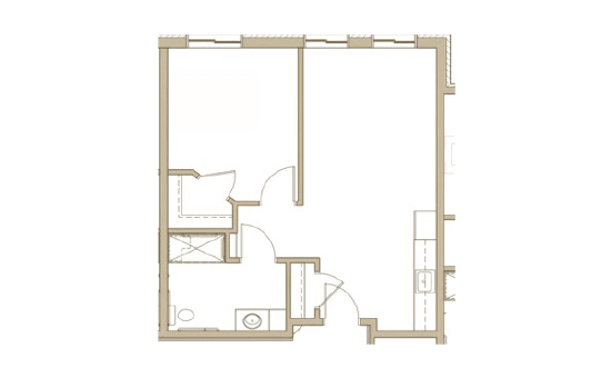 A simple apartment floor plan showing a compact layout with designated areas for living, bathroom, and kitchen spaces.