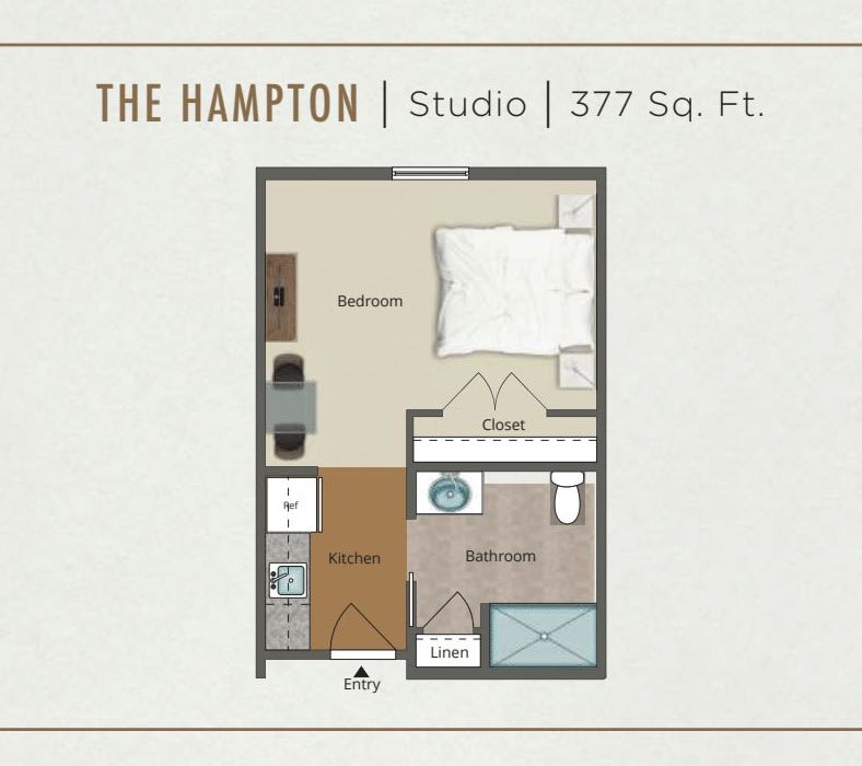 Floor plan of 'The Hampton' studio apartment with a total area of 377 sq. ft.