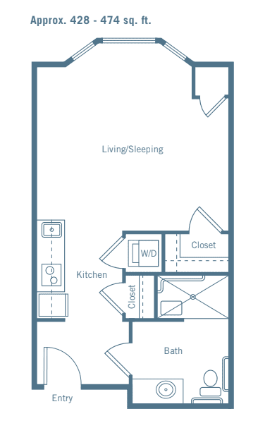 A simple floor plan of a one-bedroom apartment with labeled living/sleeping area, kitchen, closet, washer/dryer space, and bathroom.