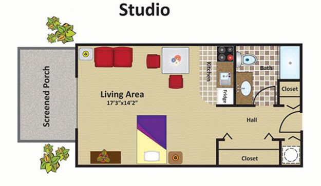 A floor plan of a studio apartment showing the layout of the living area and other amenities.