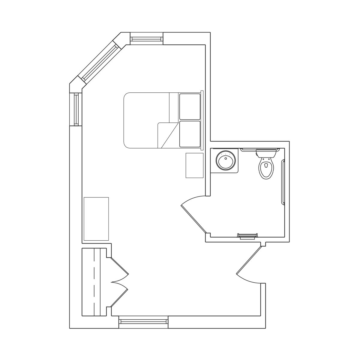 Architectural floor plan showcasing a compact layout with living and bathroom spaces.