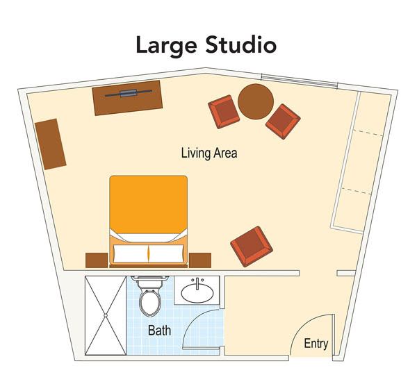 Floor plan of a large studio apartment showing a living area and bathroom.