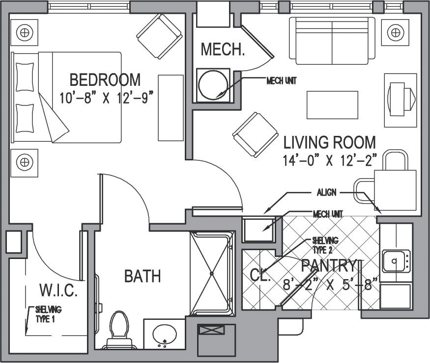 A detailed floor plan of a one-bedroom apartment with labeled rooms and dimensions.