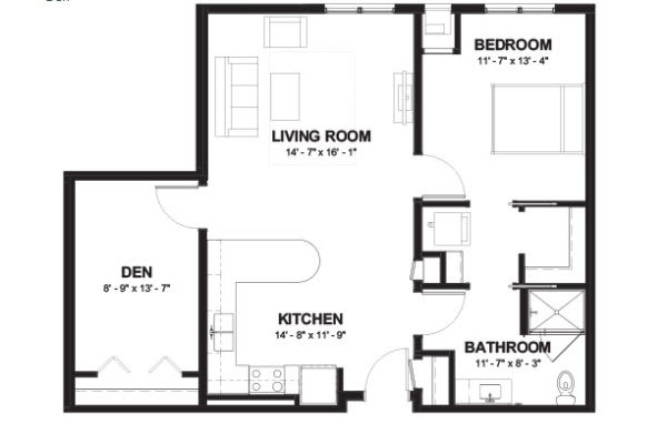 A detailed floor plan of an apartment featuring a living room, kitchen, den, bathroom, and bedroom.