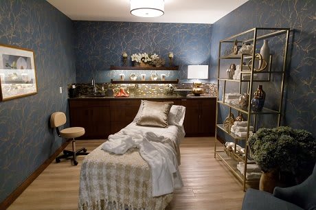 A tranquil spa room with a treatment bed, soft lighting, and elegant decor.