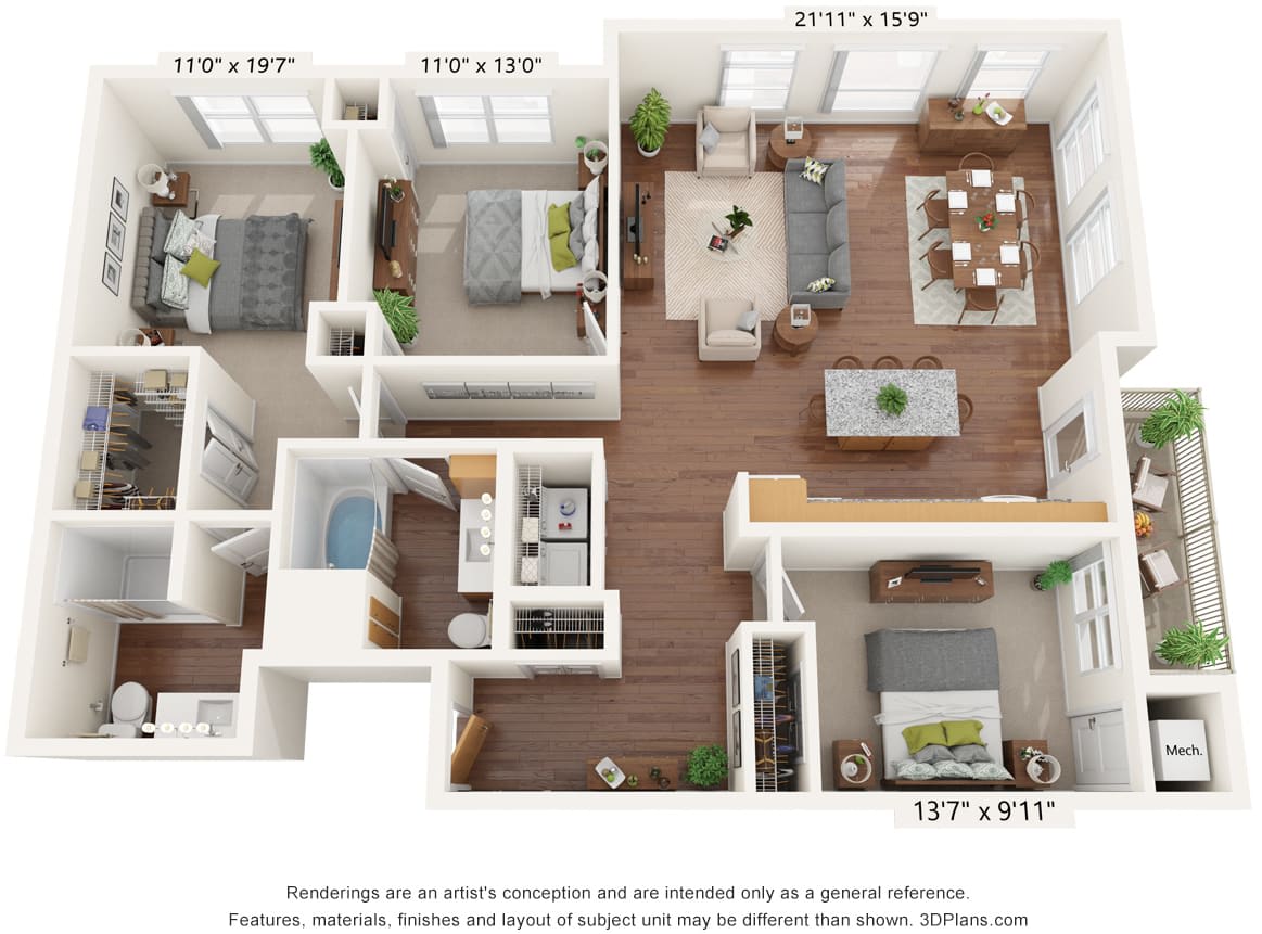 A 3D rendered floor plan showcasing a spacious apartment with two bedrooms, a living room, kitchen, and bathroom.