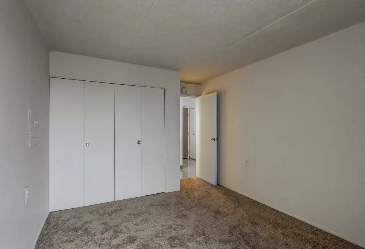 An empty room with carpet flooring, featuring closed closet doors and an open door to a hallway.