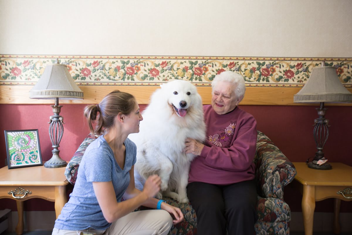 A joyful moment shared between a young woman, an elderly woman, and a fluffy white dog on a couch.