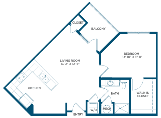 This image is a floor plan of an apartment featuring a living room, kitchen, bedroom, bathroom, closet space, and balcony.