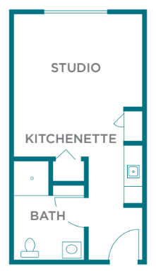 Studio apartment floor plan with kitchenette and bath.