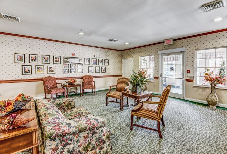 A cozy waiting room with chairs, a sofa, framed pictures on the walls, and a plant centerpiece.